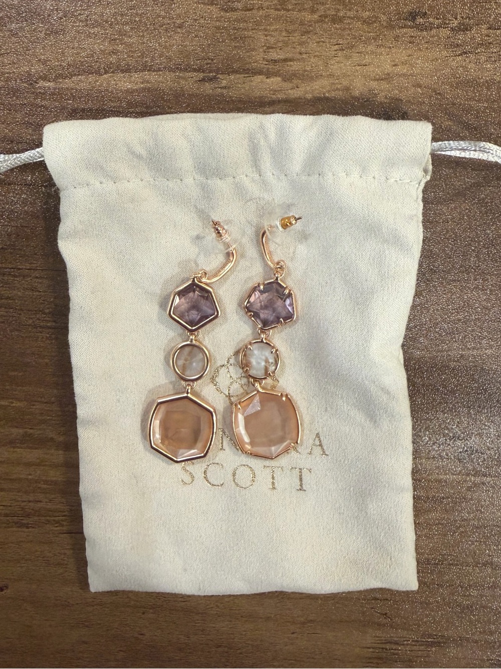 Kendra Scott Rose Gold Feather Weight Drop Earrings with Blush and Lilac Stones
